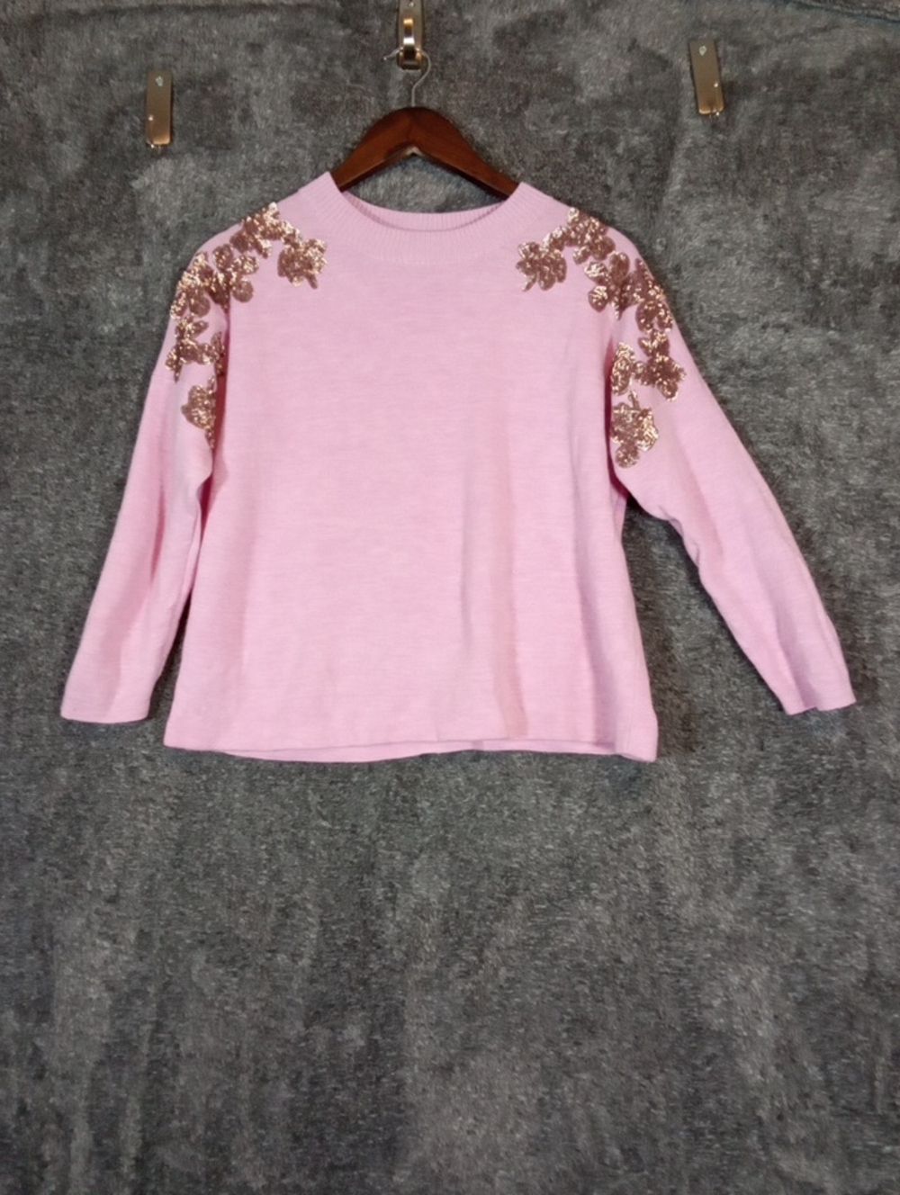 J Crew Pink Sweater with Rose Gold Sequin Floral Shoulders Womens Size M